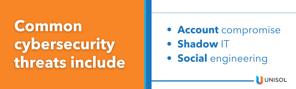 Common cybersecurity threats include:
- Account compromise
- Shadow IT
- Social engineering
