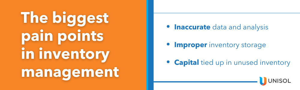 The biggest pain points in inventory management:
• Inaccurate data and analysis
• Improper inventory storage
• Capital tied up in unused inventory